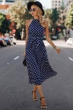 Dot Print Open Shoulder Fit Knot Belt Dress - Image 4