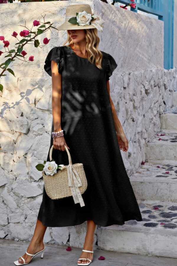 Solid Swiss Dot Ruffle Hem Belt Midi Dress