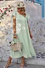 Solid Swiss Dot Ruffle Hem Belt Midi Dress - Image 4