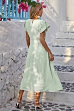Solid Swiss Dot Ruffle Hem Belt Midi Dress - Image 5