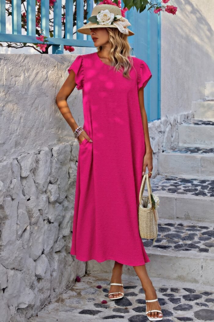 Solid swiss dot ruffle hem belt midi dress - image 6