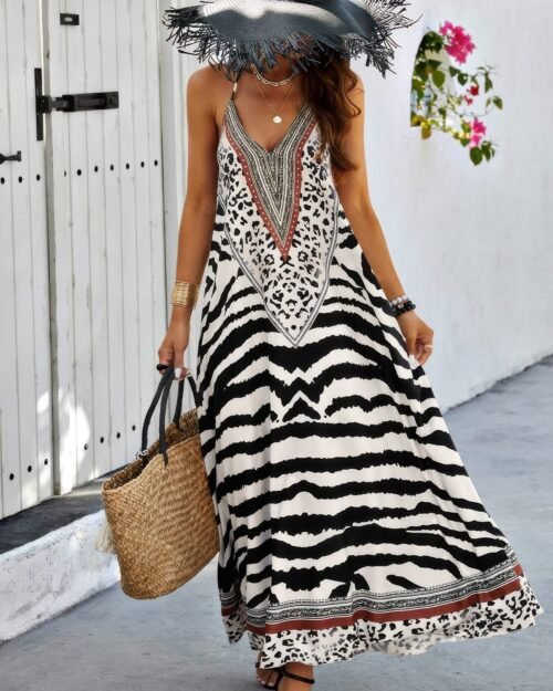 animal print halter deep v ruffle maxi dress