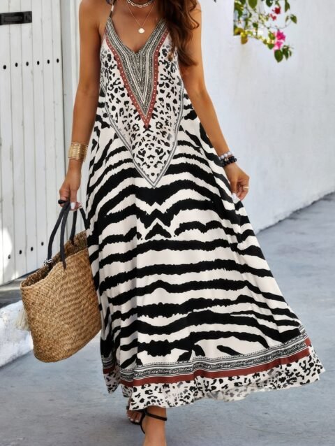 Animal Print Halter Deep V Ruffle Maxi Dress