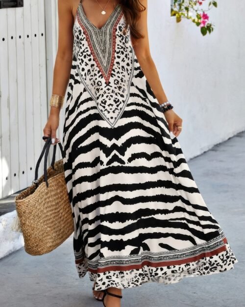 animal print halter deep v ruffle maxi dress