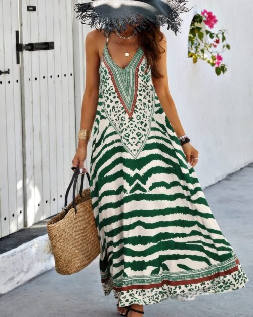 animal print halter deep v ruffle maxi dress
