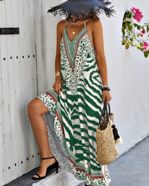 animal print halter deep v ruffle maxi dress