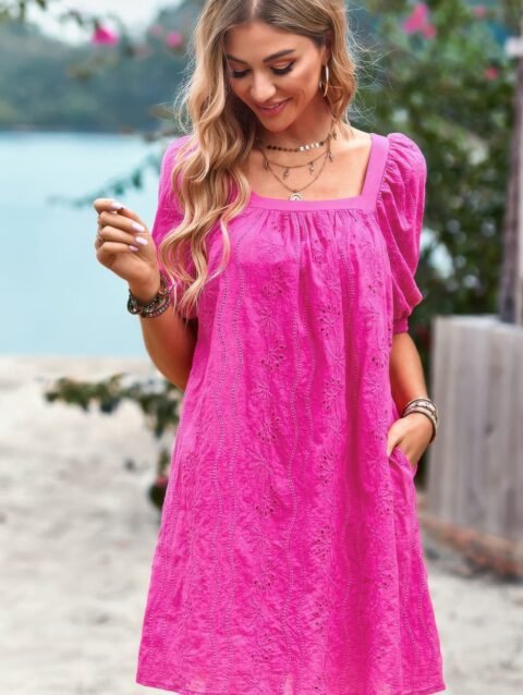 Square Neck Short Bubble Sleeve Babydoll Dress