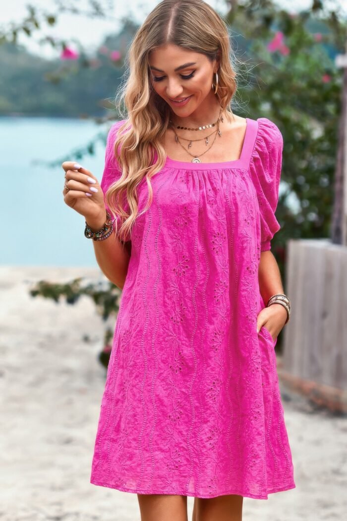 Square neck short bubble sleeve babydoll dress - image 1