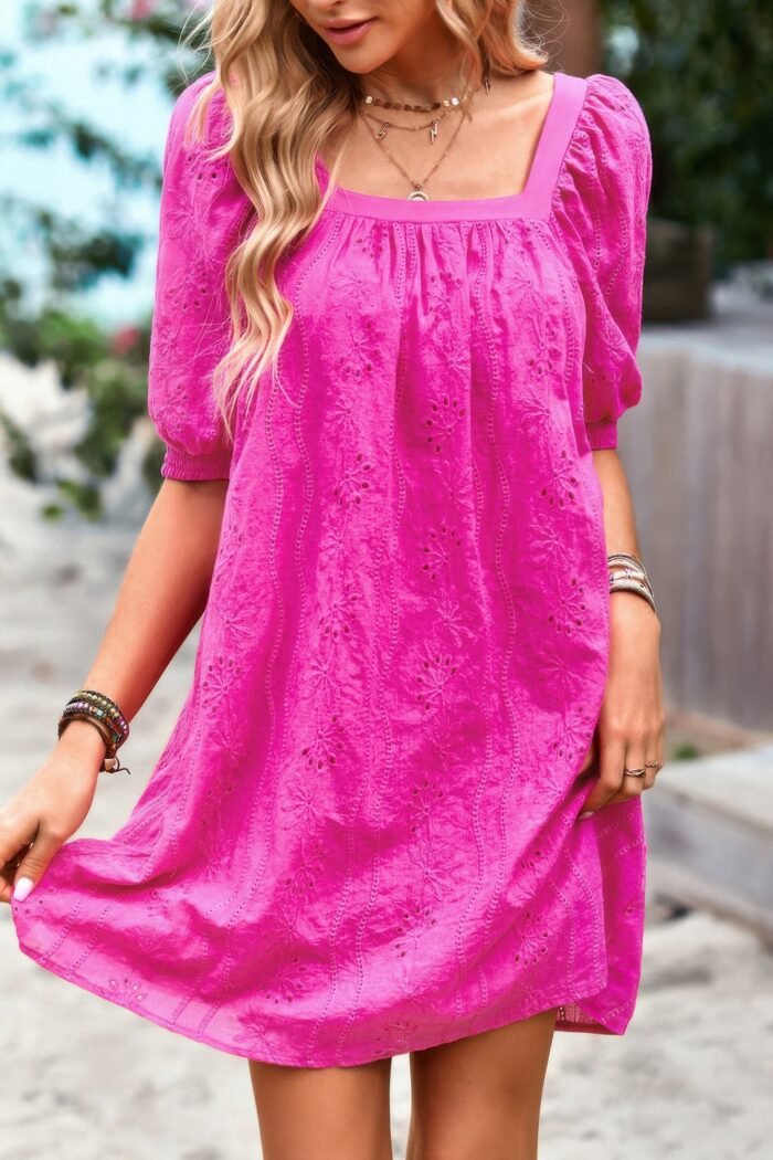 Square neck short bubble sleeve babydoll dress - image 2