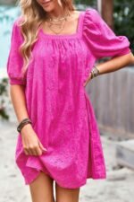 Square Neck Short Bubble Sleeve Babydoll Dress - Image 3