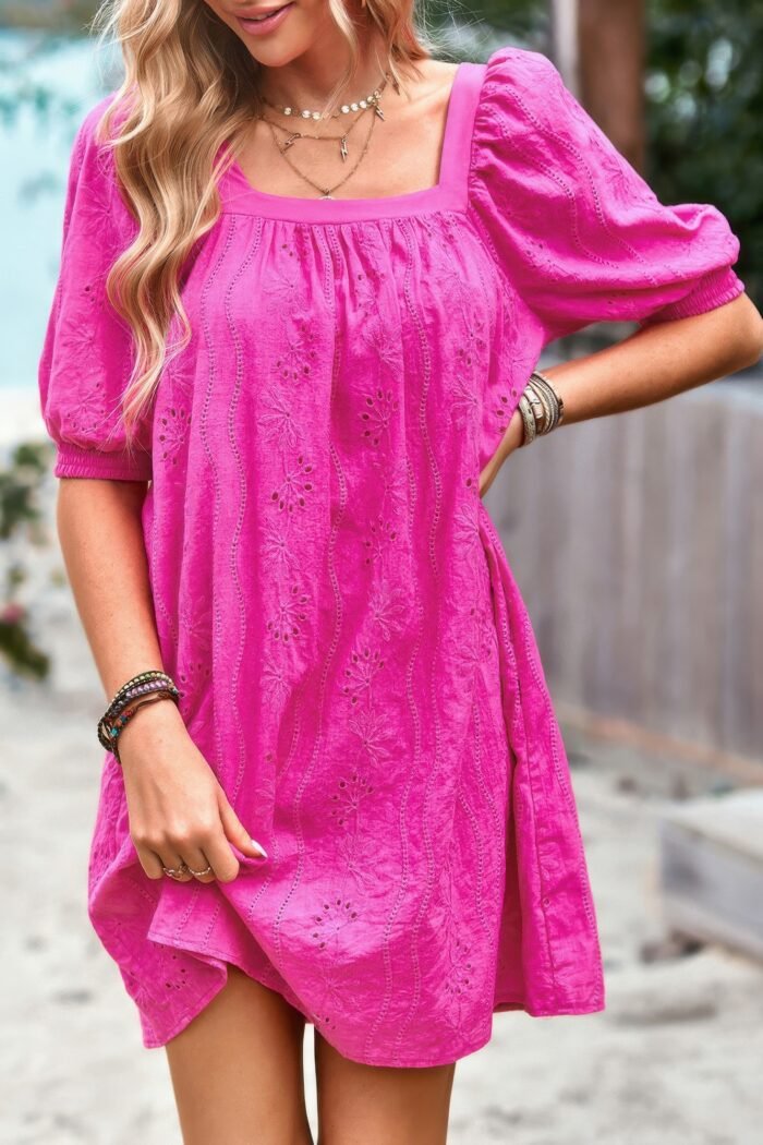 Square neck short bubble sleeve babydoll dress - image 3