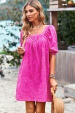 Square Neck Short Bubble Sleeve Babydoll Dress - Image 4