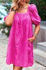 Square Neck Short Bubble Sleeve Babydoll Dress - Image 5