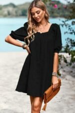 Square Neck Short Bubble Sleeve Babydoll Dress - Image 7