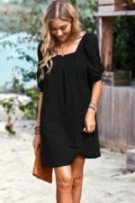 Square Neck Short Bubble Sleeve Babydoll Dress - Image 8