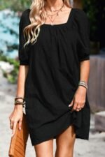 Square Neck Short Bubble Sleeve Babydoll Dress - Image 9