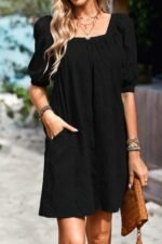 Square Neck Short Bubble Sleeve Babydoll Dress - Image 10