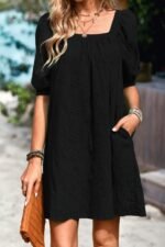 Square Neck Short Bubble Sleeve Babydoll Dress - Image 11
