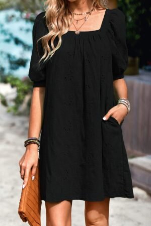 Square Neck Short Bubble Sleeve Babydoll Dress
