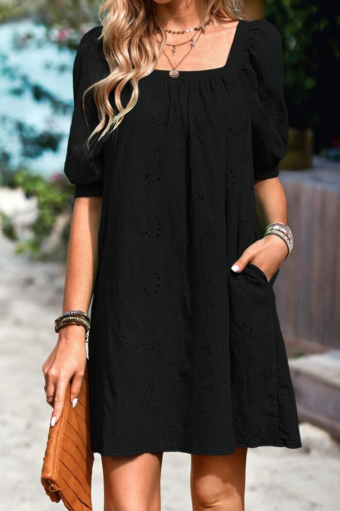 Square neck short bubble sleeve babydoll dress - image 11