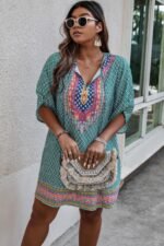 Plus Size V Neck Printed Loose Fit Midi Dress - Image 2