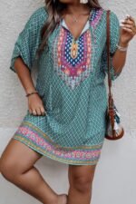 Plus Size V Neck Printed Loose Fit Midi Dress - Image 3