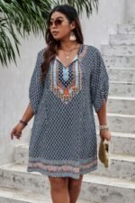 Plus Size V Neck Printed Loose Fit Midi Dress - Image 6