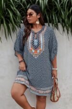 Plus Size V Neck Printed Loose Fit Midi Dress - Image 9