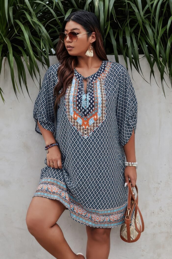 Plus size v neck printed loose fit midi dress - image 9