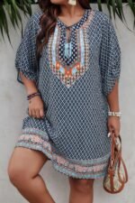 Plus Size V Neck Printed Loose Fit Midi Dress - Image 11