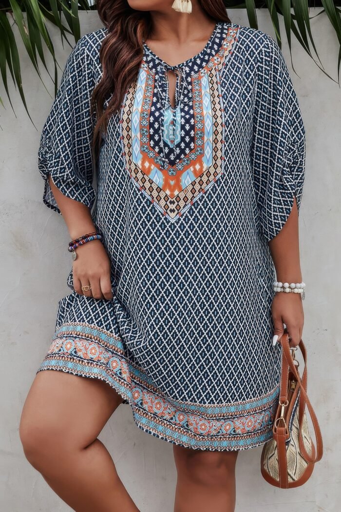 Plus size v neck printed loose fit midi dress - image 11