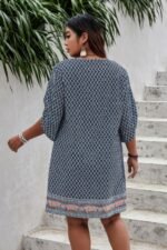 Plus Size V Neck Printed Loose Fit Midi Dress - Image 12