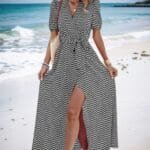 Dot Print Open Front Belt Knot V Neck Dress