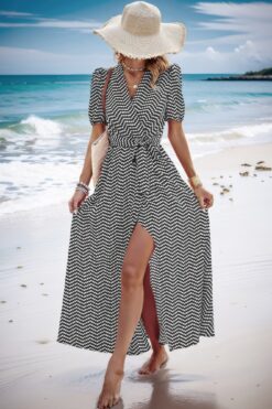 Dot Print Open Front Belt Knot V Neck Dress