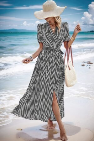 Dot Print Open Front Belt Knot V Neck Dress