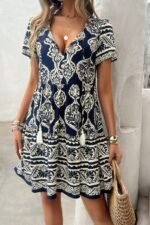 Deep V Neck Allover Print Ruffle Tassel Dress - Image 3