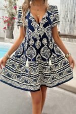 Deep V Neck Allover Print Ruffle Tassel Dress - Image 4