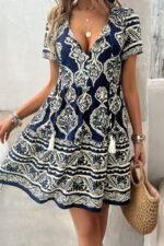 Deep V Neck Allover Print Ruffle Tassel Dress - Image 5