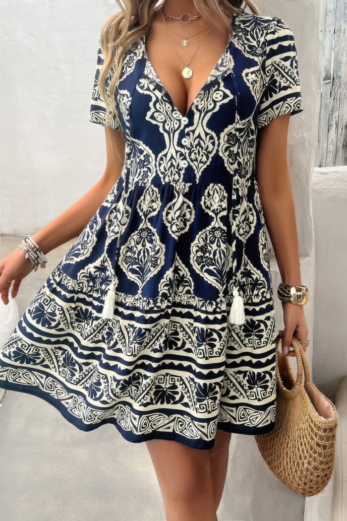 Deep v neck allover print ruffle tassel dress - image 5