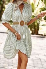 Strip V Neck Button Puff Sleeves High Waist Dress - Image 2