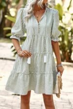 Strip V Neck Button Puff Sleeves High Waist Dress - Image 3