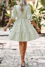 Strip V Neck Button Puff Sleeves High Waist Dress - Image 4