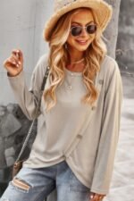Round Neck Solid Button Top