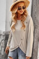 Round Neck Solid Button Top - Image 2