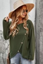 Round Neck Solid Button Top - Image 4