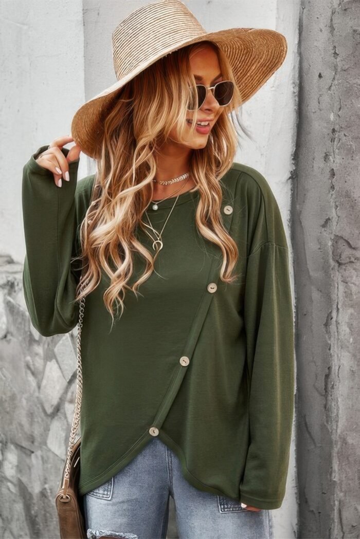 Round neck solid button top - image 4