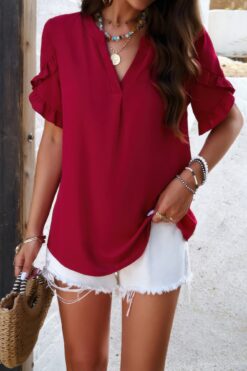 V Neck Ruffle Sleeve Flowy Loose Shirt