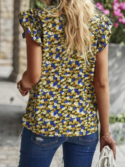 Floral Pleated V Neck Flutter Sleeve Pullover Top Floral Pleated V Neck Flutter Sleeve Pullover Top