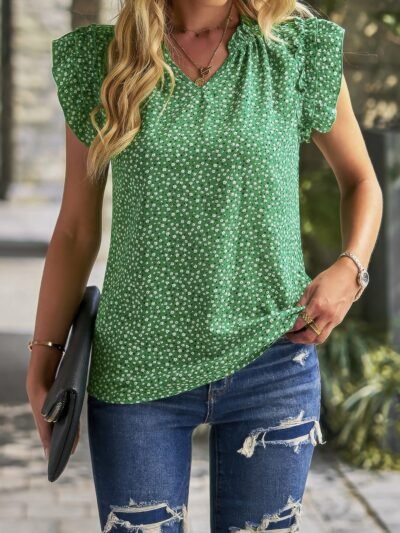 Floral Pleated V Neck Flutter Sleeve Pullover Top Floral Pleated V Neck Flutter Sleeve Pullover Top