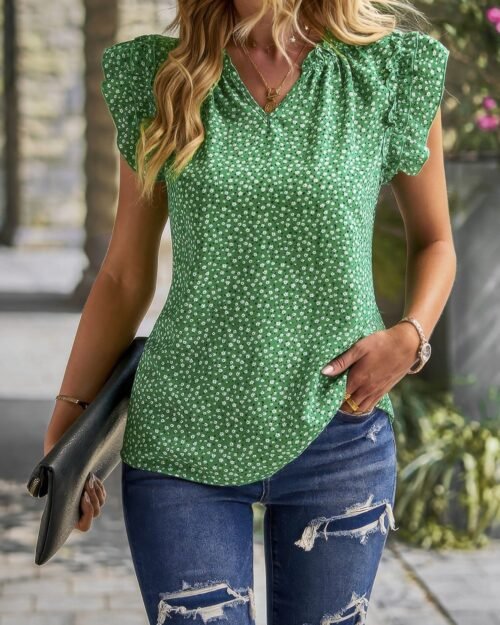 floral pleated v neck flutter sleeve pullover top